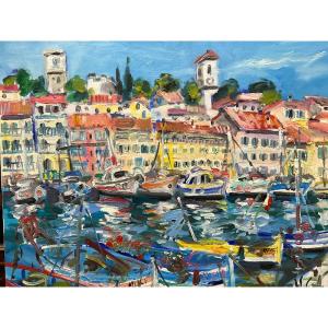 The Old Port Of Cannes And Its Pointus: Oil On Canvas By Yvon Grac