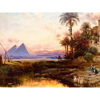 Coucher De Soleil Sur Les Pyramides En Égypte, Huile/toile De Carl Wuttke,peintre Orientaliste 