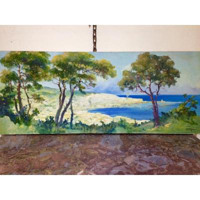 Paul Fenasse, Peintre Orientaliste : La Baie D’alger, Huile Sur Toile 40 X 100 Cm