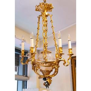 Chandelier In Crystal And Gilt Bronze XIXth