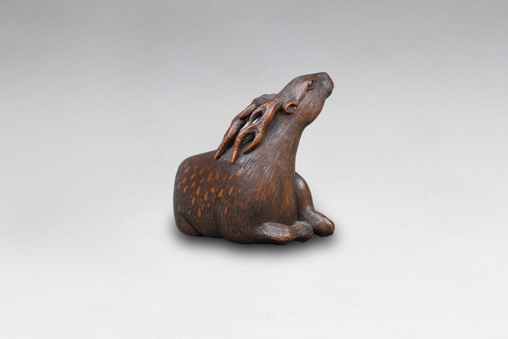 Netsuke - Rare Model Of A Lying Deer. Japan Edo 19th-photo-2