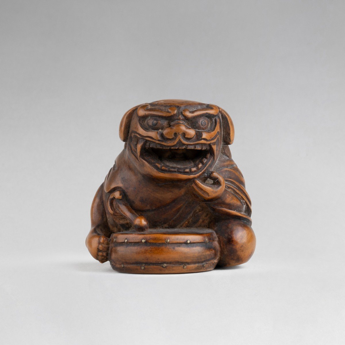 Netsuke By Sansho – Shishimai. In Carved Wood. Japan Edo-photo-2