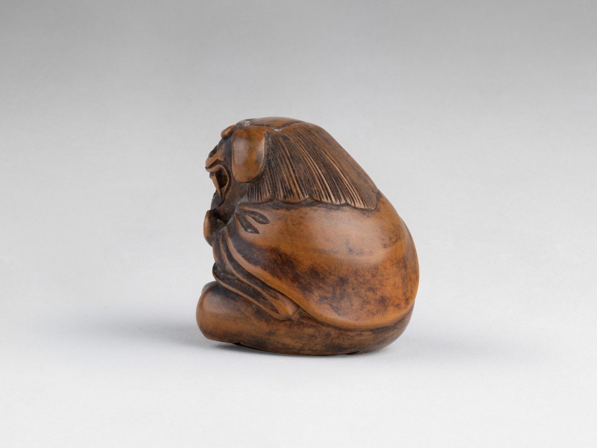 Netsuke By Sansho – Shishimai. In Carved Wood. Japan Edo-photo-2