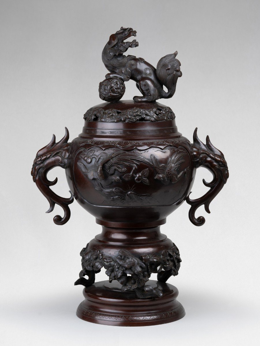 Brûle-parfum / Encensoir En Bronze – Koro à Décor d'Oiseaux Et d'Un Grand Shishi Japon-photo-3