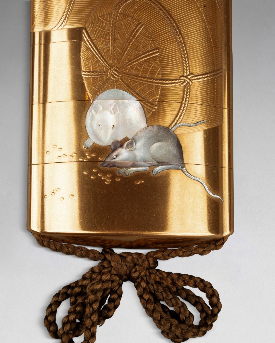 By Kakosai Shozan – Important Inro. Rats And Rice Balls. Gold Background. Japan Edo, 19th Century-photo-2