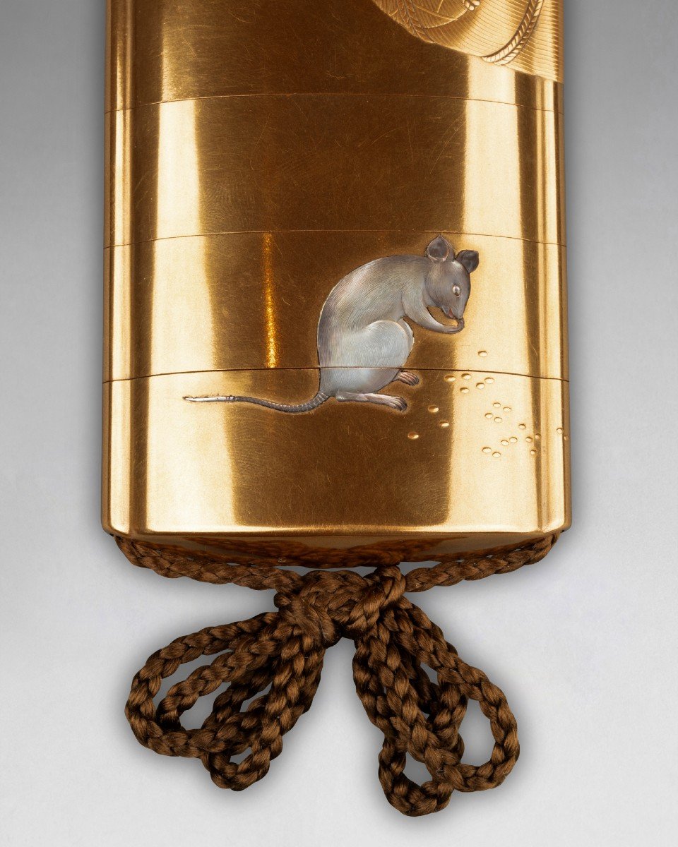 By Kakosai Shozan – Important Inro. Rats And Rice Balls. Gold Background. Japan Edo, 19th Century-photo-4