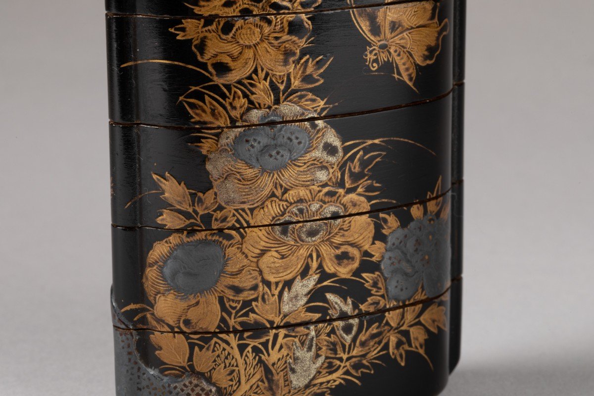 Japanese Urushi Lacquer Inro, Big Cat Lying Under A Peony Tree. Edo Japan -photo-4