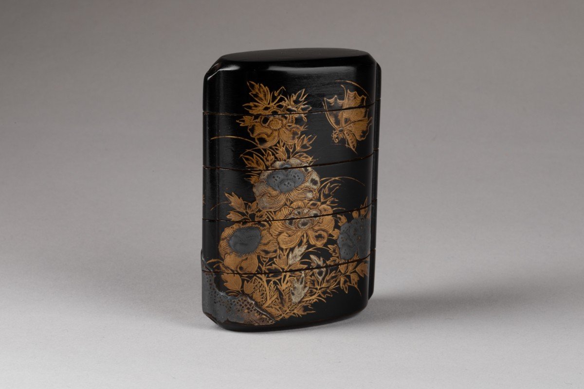 Japanese Urushi Lacquer Inro, Big Cat Lying Under A Peony Tree. Edo Japan -photo-3