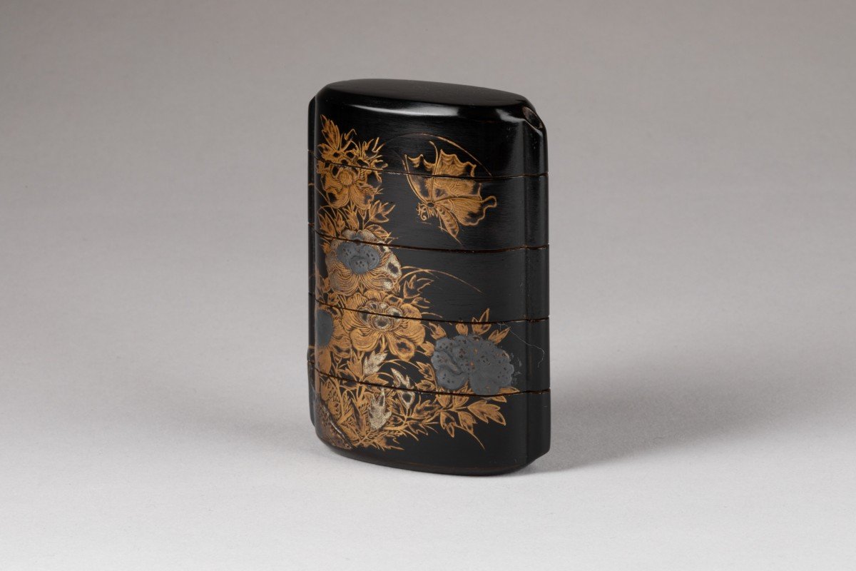 Japanese Urushi Lacquer Inro, Big Cat Lying Under A Peony Tree. Edo Japan -photo-4