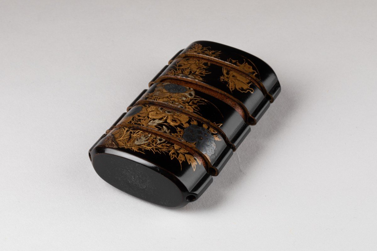 Japanese Urushi Lacquer Inro, Big Cat Lying Under A Peony Tree. Edo Japan -photo-5