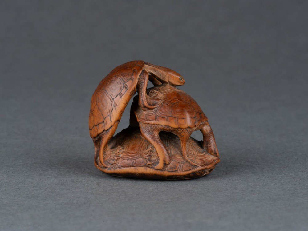 Netsuke – Tortues Par Komin. Un Groupe De 3 Tortues En Bois Sculpté, Japon Edo-photo-1