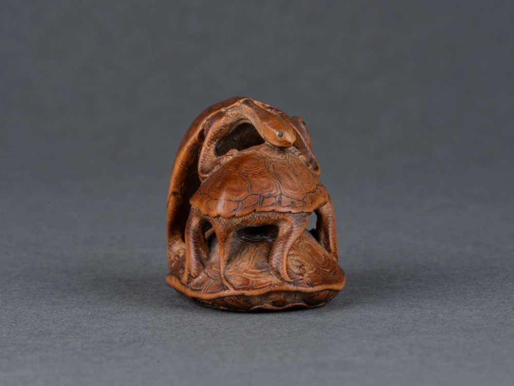 Netsuke – Tortues Par Komin. Un Groupe De 3 Tortues En Bois Sculpté, Japon Edo-photo-2