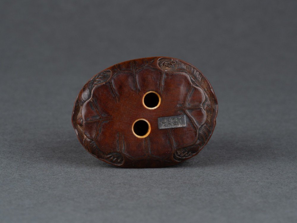 Netsuke – Tortues Par Komin. Un Groupe De 3 Tortues En Bois Sculpté, Japon Edo-photo-3