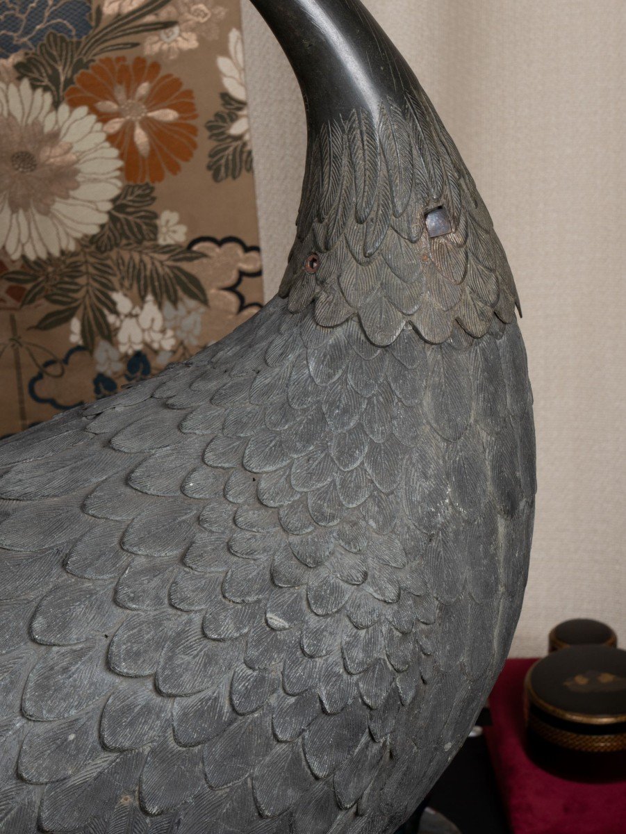 Sculpture - Rare And Important Bronze Crane. Japan Edo-photo-4