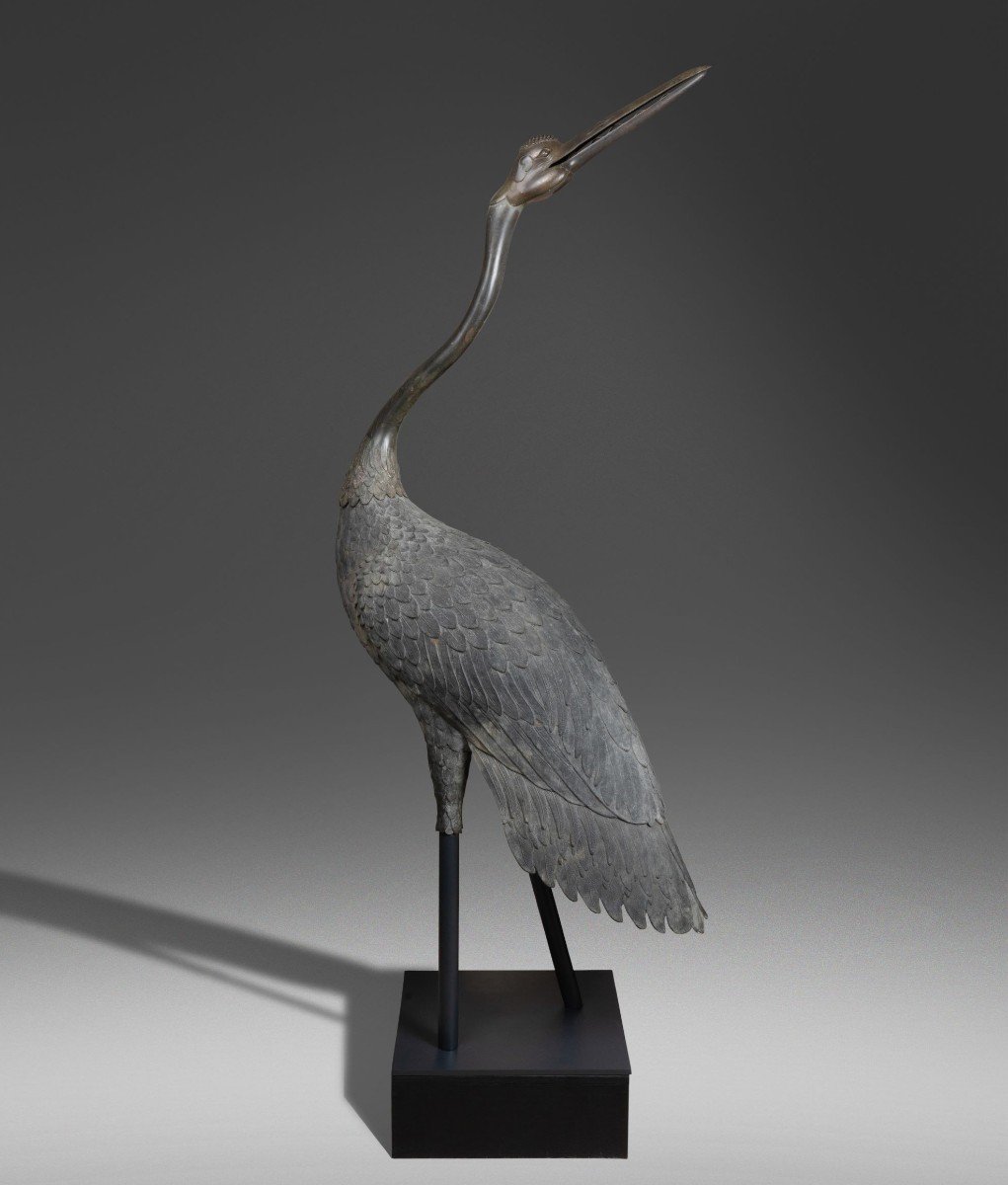 Sculpture - Rare And Important Bronze Crane. Japan Edo