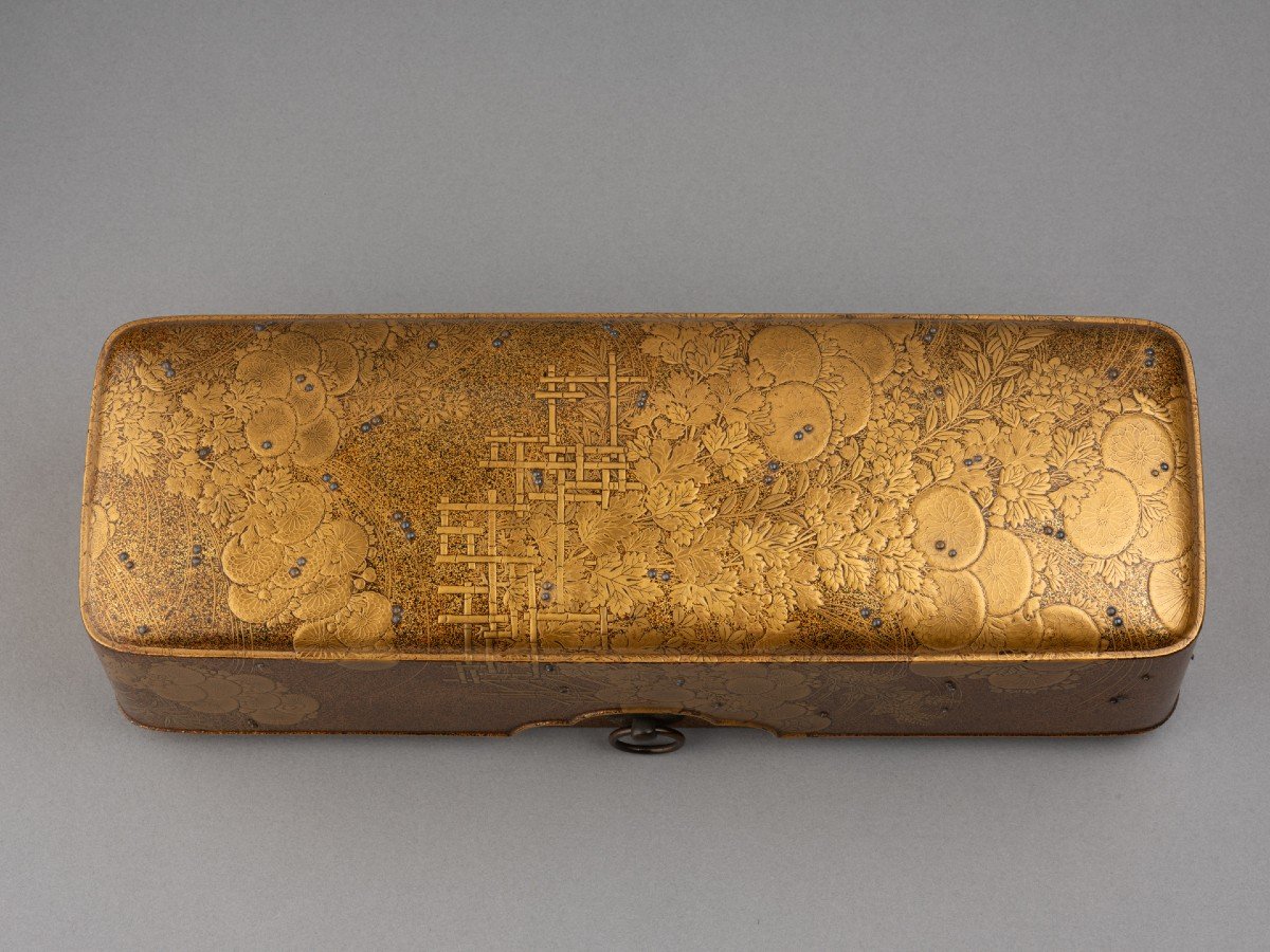 Fumibako - Urushi Gold Lacquer Box. Chrysanthemums. Japan Edo 18th Century-photo-3