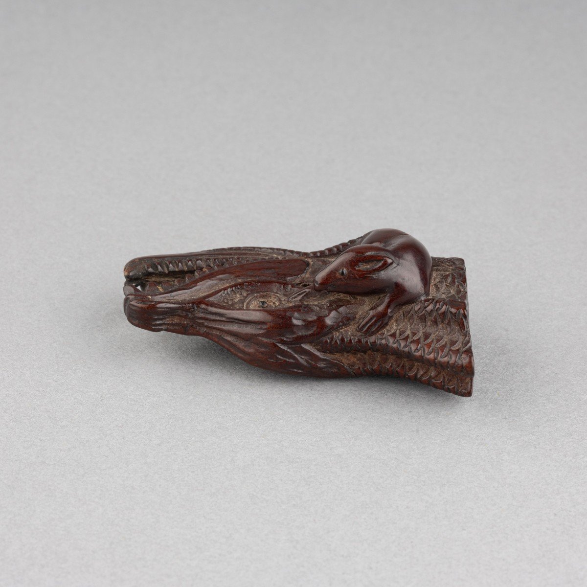 Netsuke – Carved Wood, Depicting A Rat Climbing On A Dried Salmon Head. Edo Japan-photo-1