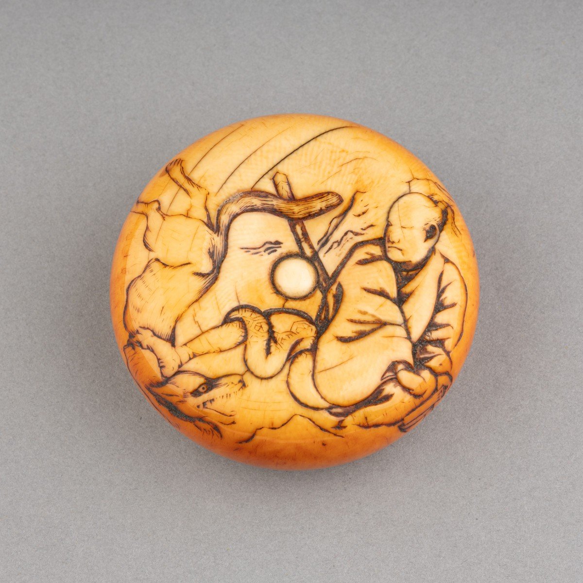 Netsuke – Grand Modèle De Type Manju En Ivoire Tame-tomo Et Le Loup. Japon Edo, 19e Siècle-photo-2