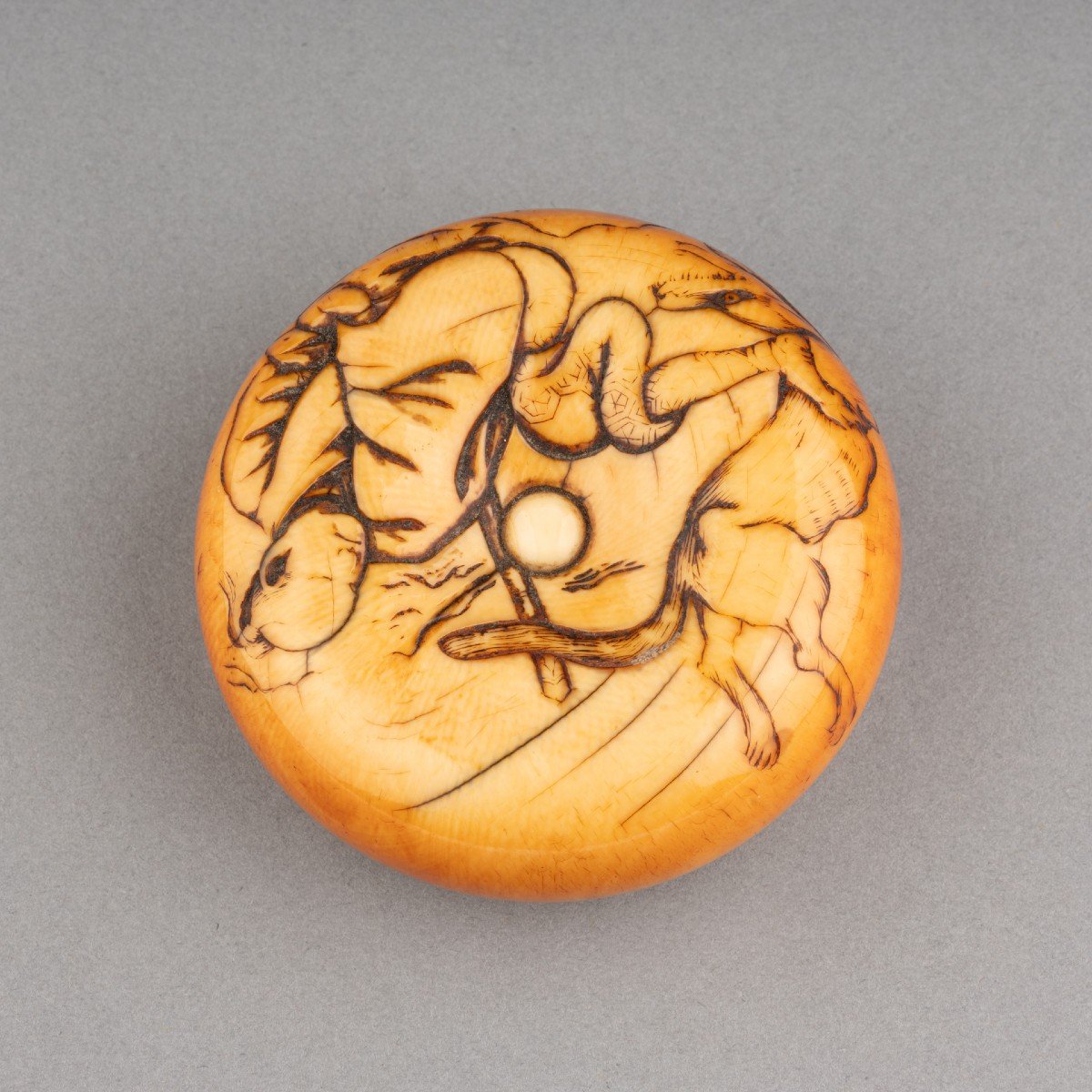 Netsuke – Grand Modèle De Type Manju En Ivoire Tame-tomo Et Le Loup. Japon Edo, 19e Siècle-photo-1