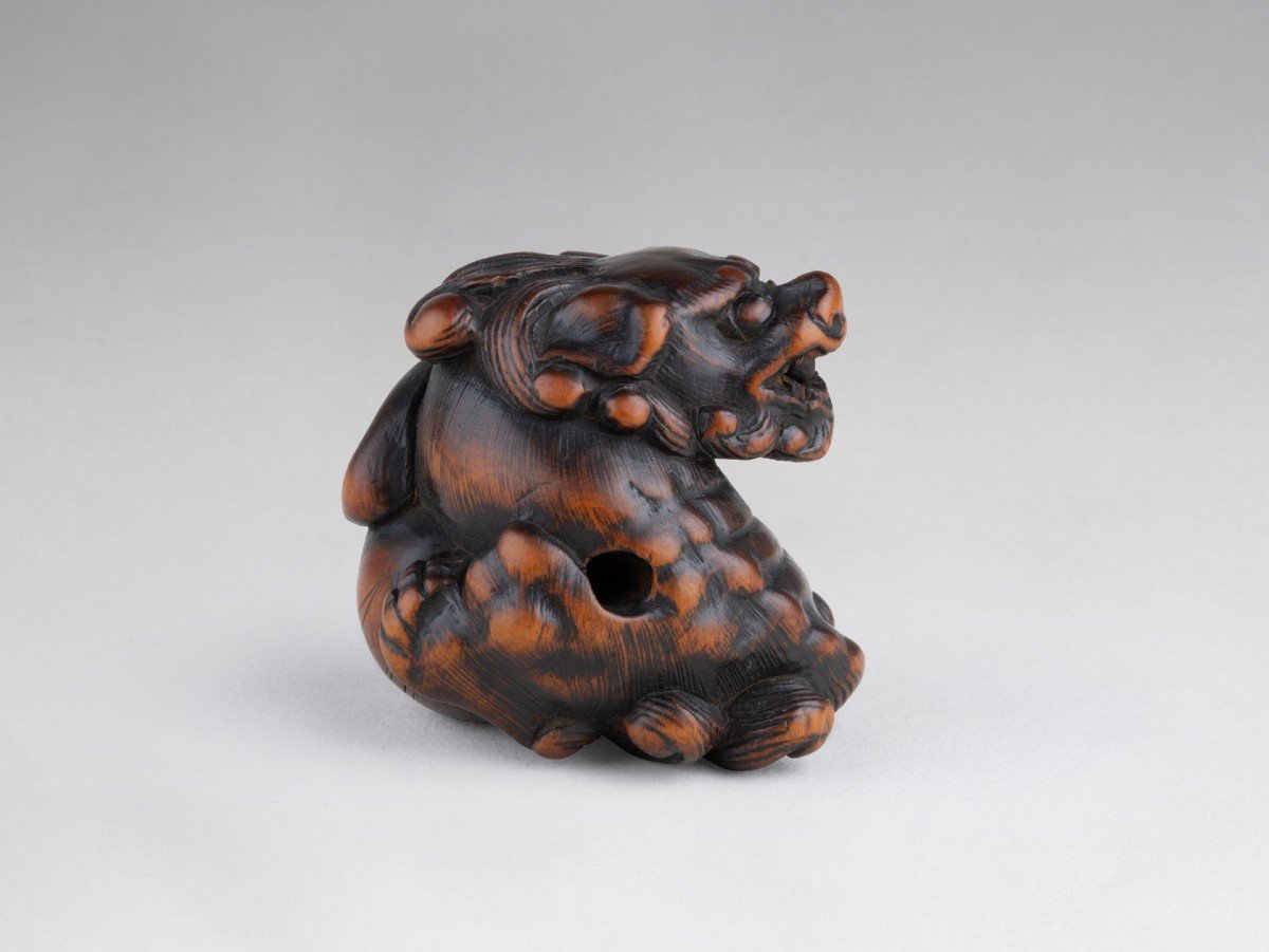 Netsuke – Important Model Of A Shishi In Carved Wood Japan Edo-photo-2