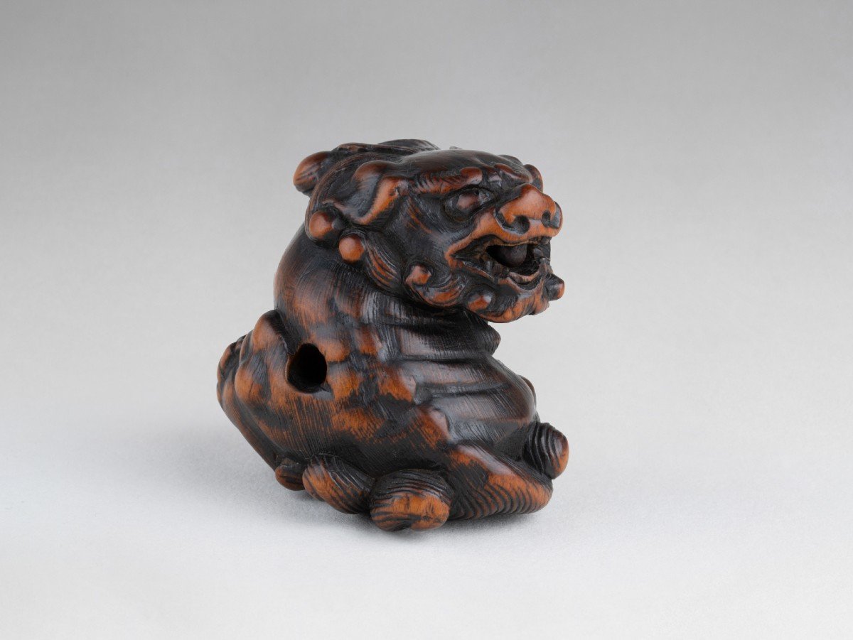 Netsuke – Important Model Of A Shishi In Carved Wood Japan Edo