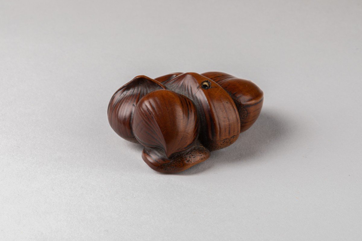 Netsuke - Groupe De Châtaignes Accolées En Buis Sculpté-photo-2