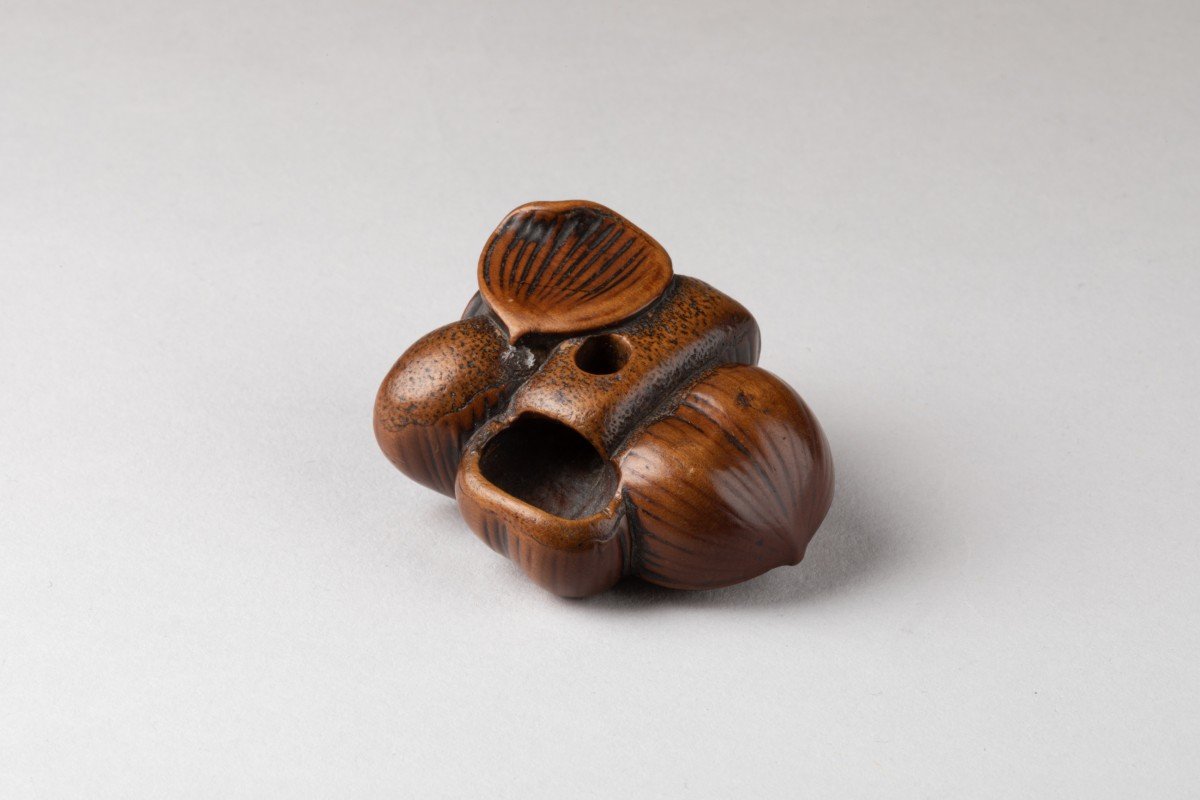 Netsuke - Groupe De Châtaignes Accolées En Buis Sculpté-photo-1