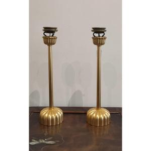 Pairs Of Japanese Candlesticks In Gilded Wood, Gold Leaf. Japan 20th Century