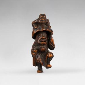 Boxwood Netsuke Representing Shoki And Oni. Japan 19 Edo