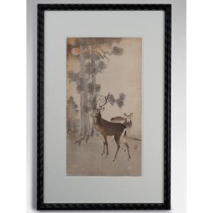 Japanese Print Koson Ohara (1877-1845) Couple Of Deer In A Landscape. Japan