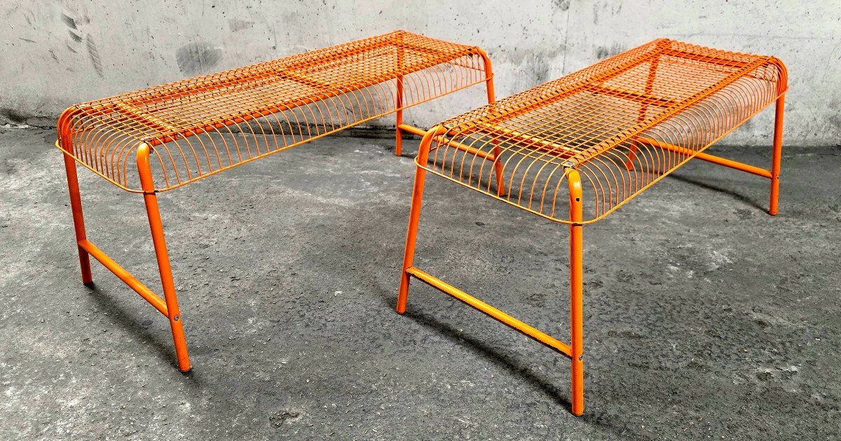 Bench - Vintage Stool, Mesh Ikea Västerön In Orange-photo-2