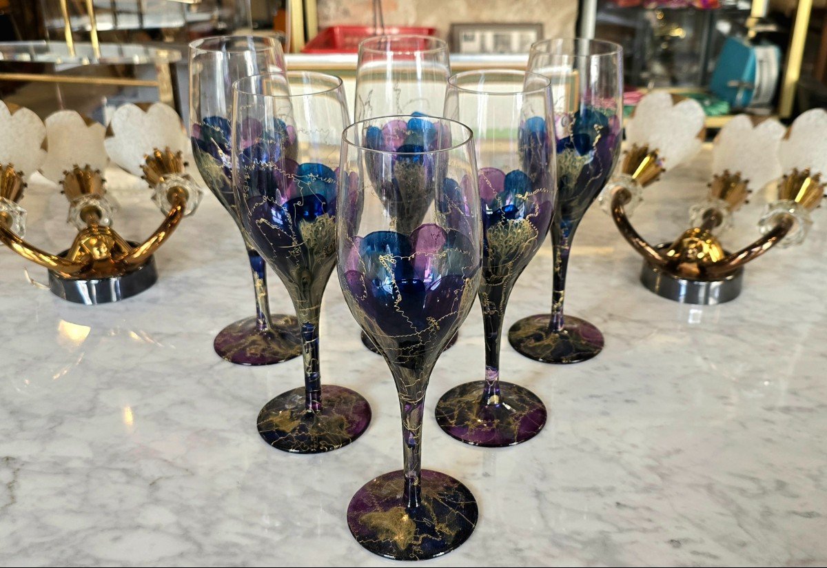 Lot De 6 Verre En Cristal Peint à La Main Vintage