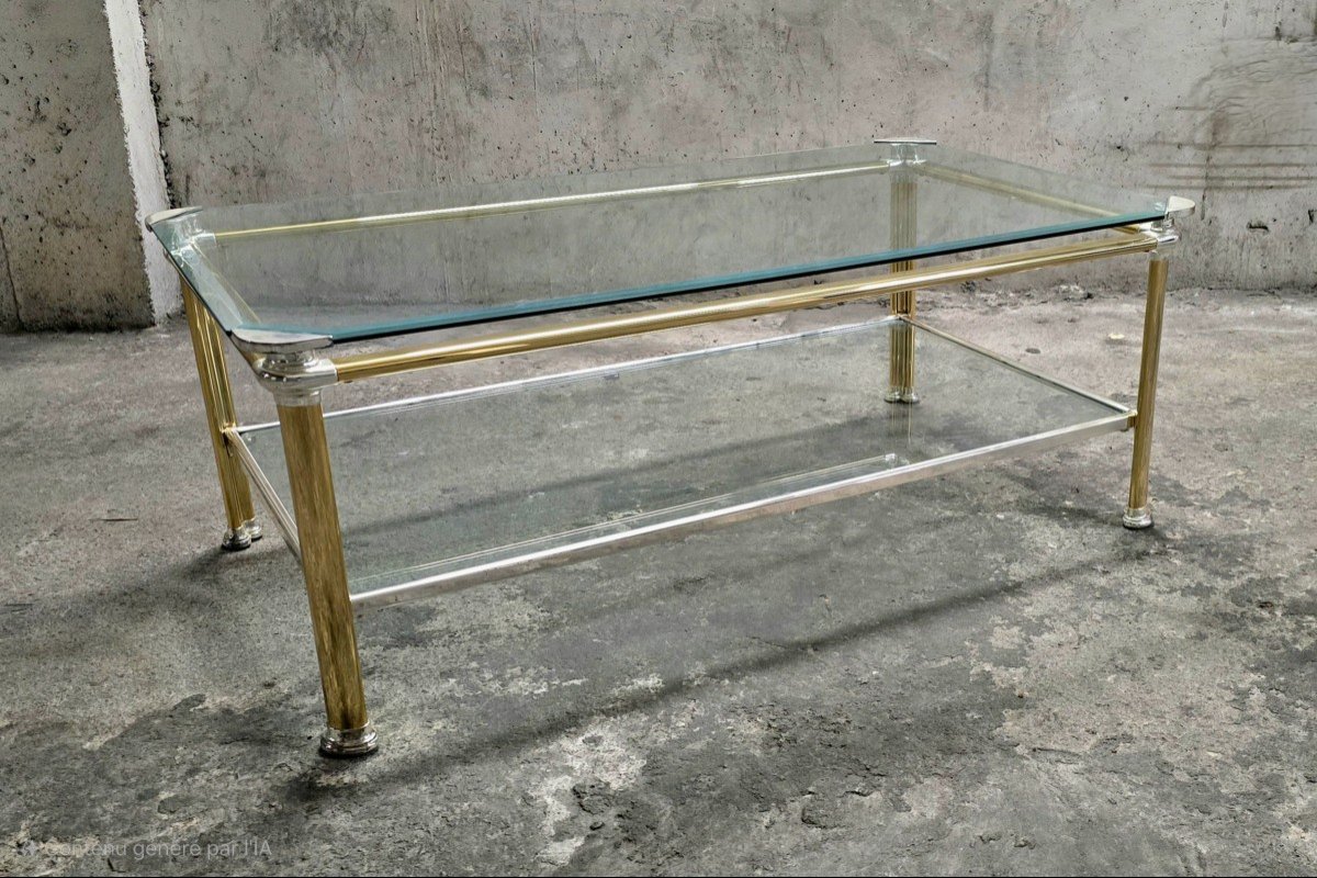 Vintage Glass And Gold Chrome Metal Coffee Table-photo-2