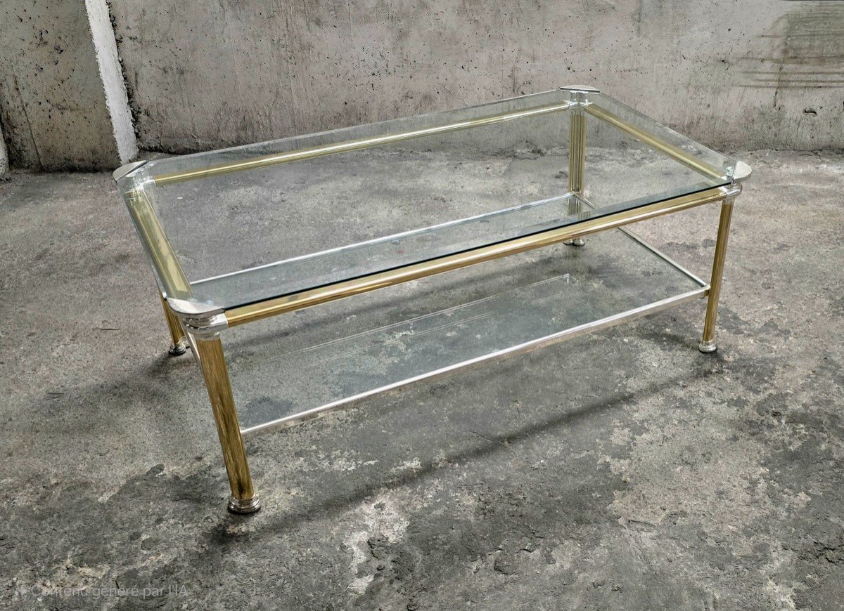 Vintage Glass And Gold Chrome Metal Coffee Table-photo-3