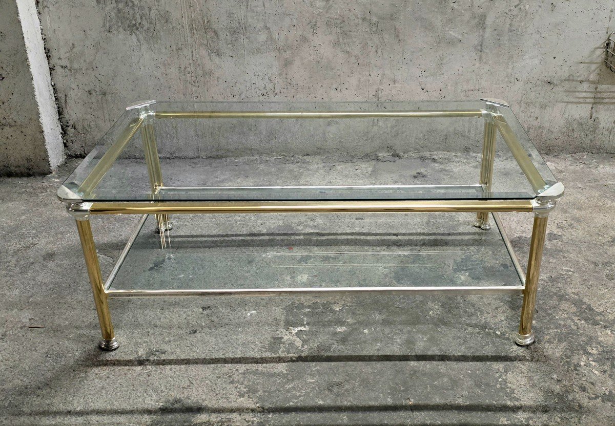 Vintage Glass And Gold Chrome Metal Coffee Table