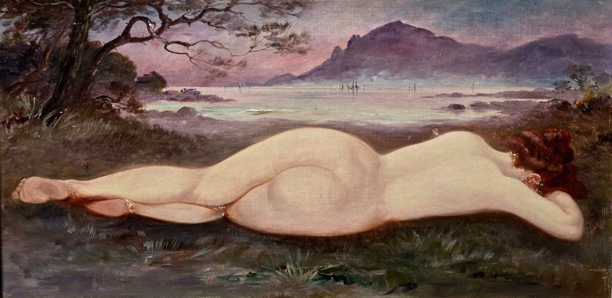 Peinture Symboliste l'Huile Sur Toile Femme Nue Vue Sur l'Esterel  Début XX-photo-2