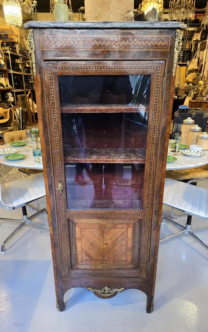 Louis XVI Marquetry Marble Silver Display Case-photo-5