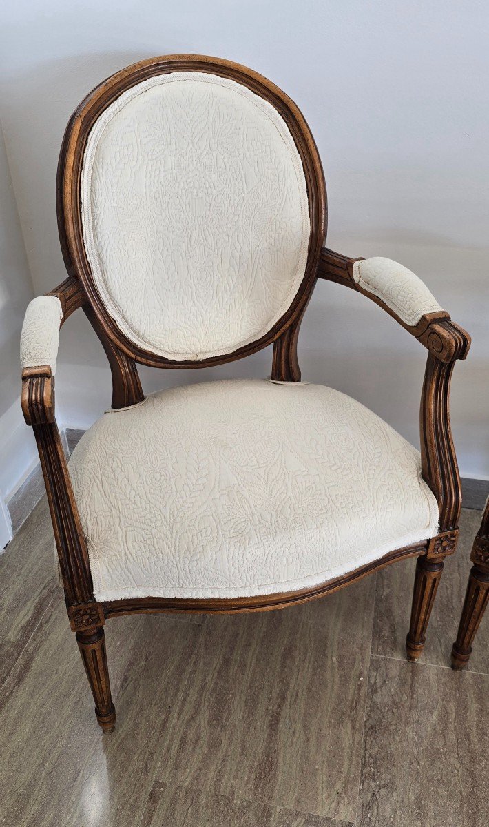 Pair Of Louis XVI Style Armchairs In Carved And Upholstered Walnut-photo-2