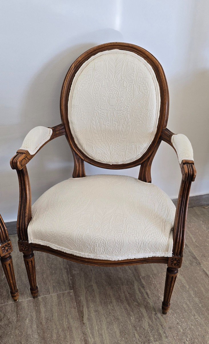 Pair Of Louis XVI Style Armchairs In Carved And Upholstered Walnut-photo-3