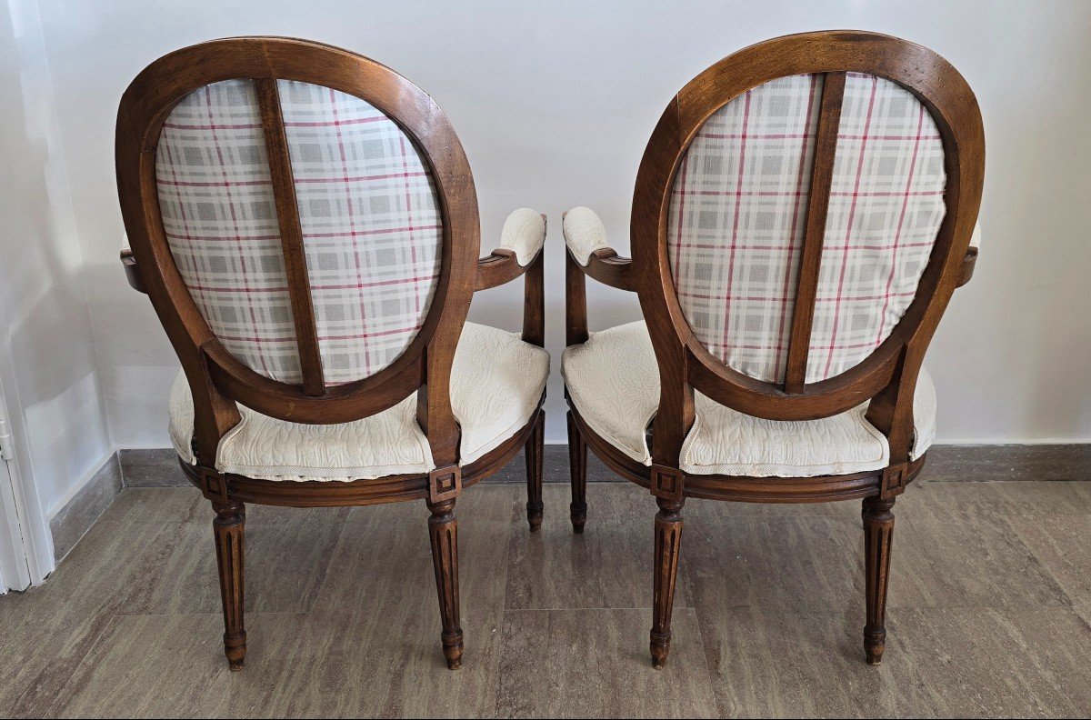 Pair Of Louis XVI Style Armchairs In Carved And Upholstered Walnut-photo-5