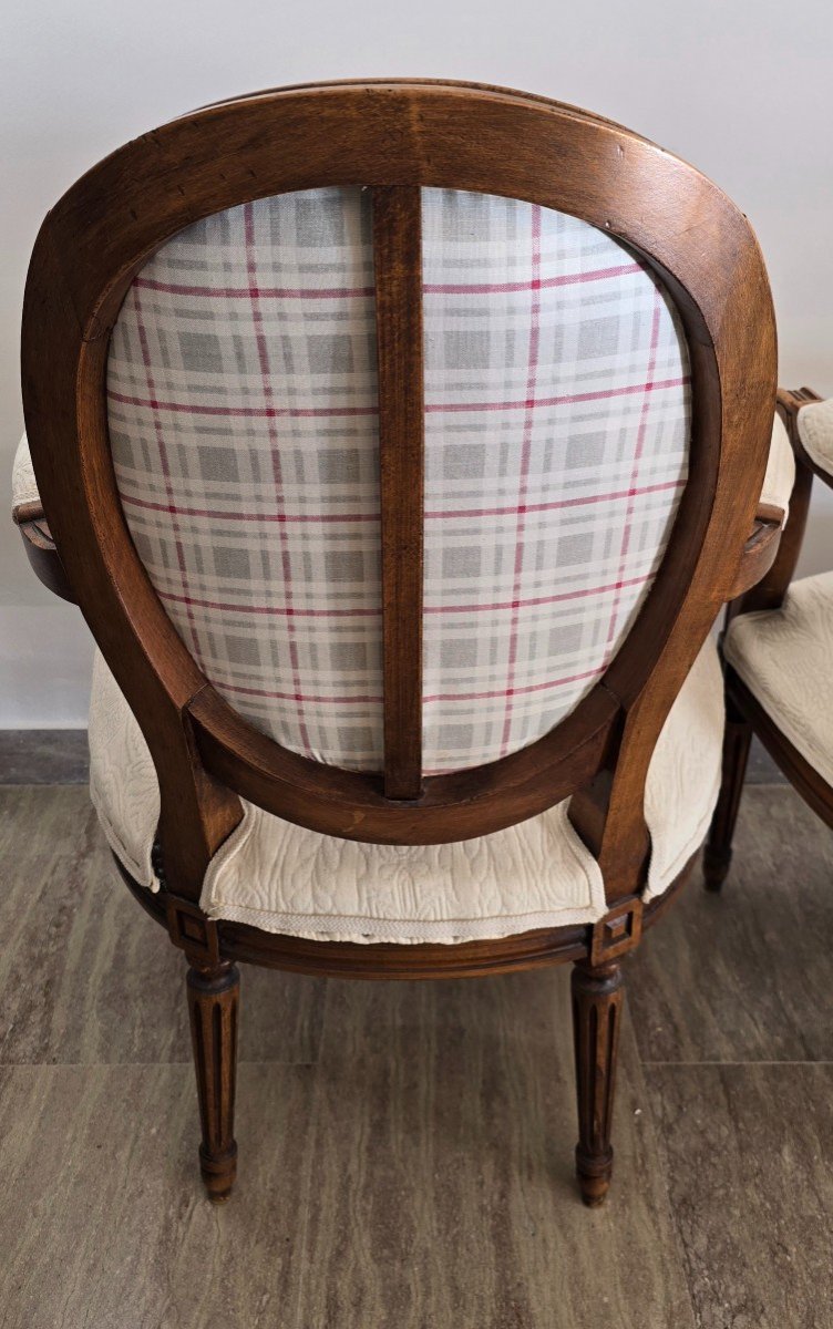 Pair Of Louis XVI Style Armchairs In Carved And Upholstered Walnut-photo-6