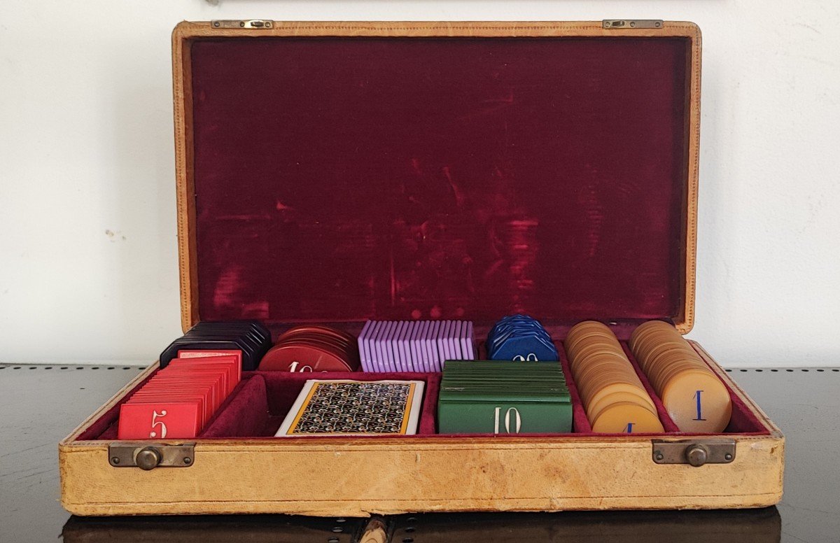 Antique Poker Case / Box - Velvet Leather / 1970-photo-2