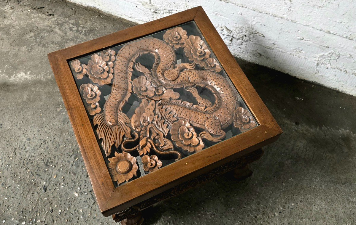 Small Square Chinese Carved Coffee Table-photo-2