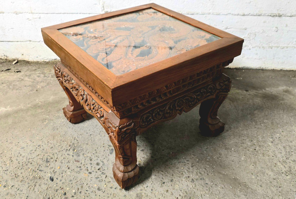 Small Square Chinese Carved Coffee Table-photo-3