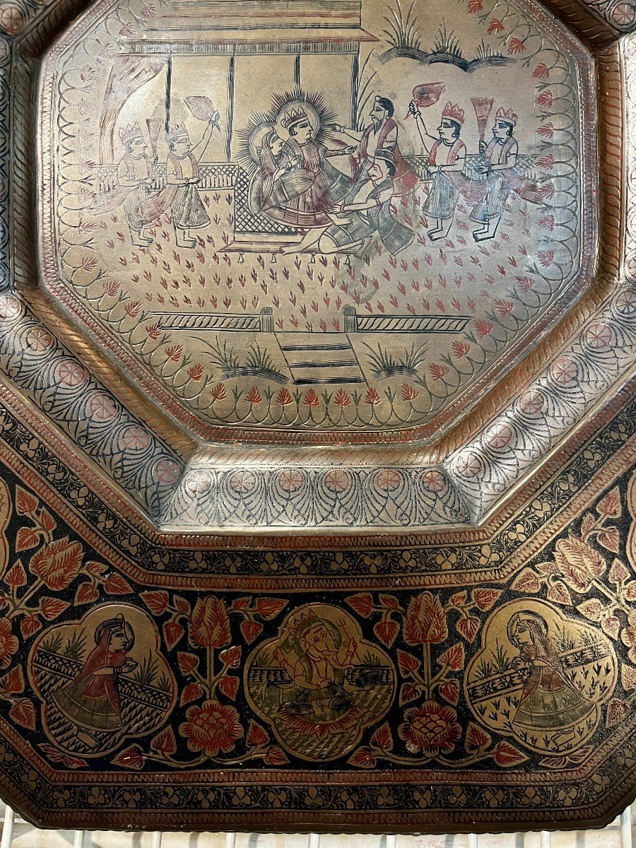 Tray - Plate From India In Copper, Engraved And Hand Painted-photo-1