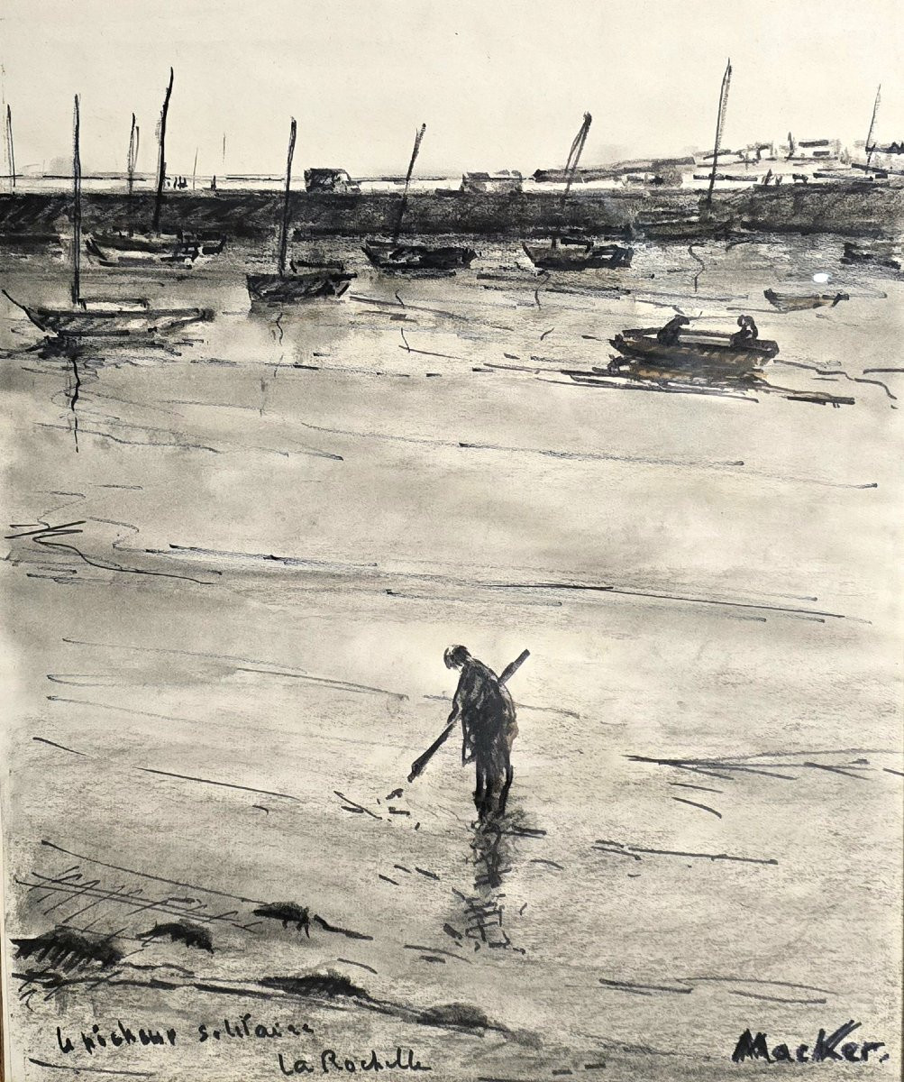 Henri Macker (1896 - ?) - Fusain Sur Papier - Le Pêcheur Solitaire La Rochelle -photo-1