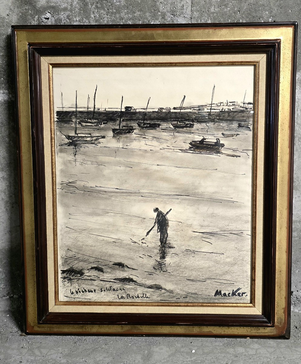 Henri Macker (1896 - ?) - Fusain Sur Papier - Le Pêcheur Solitaire La Rochelle 