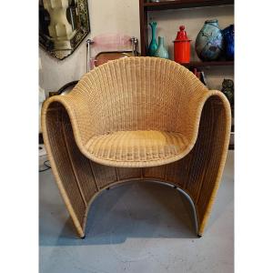 Vintage Driade King Tubby Rattan Armchairs By Miki Astori