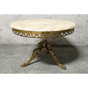 Guéridon Coffee Table In Gilded Brass And Alabaster