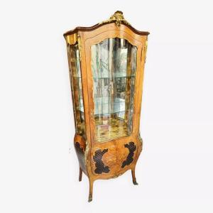 Louis XV Curved Marquetry And Bronze Display Cabinet